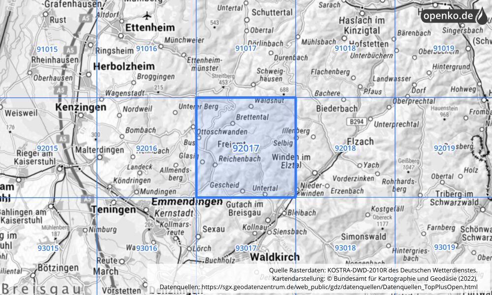 Übersichtskarte KOSTRA-DWD-2010R Rasterfeld Nr. 92017 mit angrenzenden Feldern