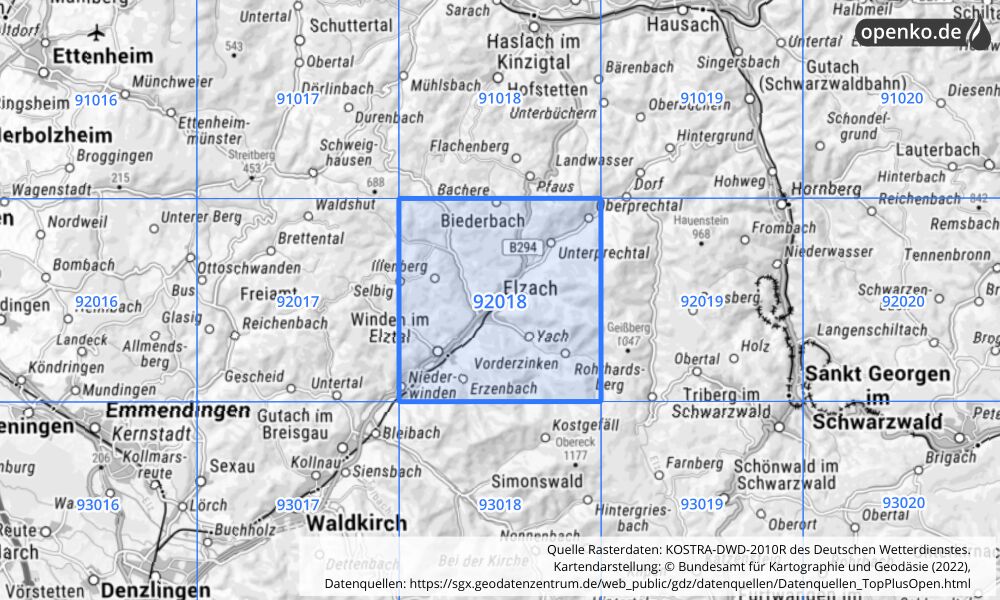 Übersichtskarte KOSTRA-DWD-2010R Rasterfeld Nr. 92018 mit angrenzenden Feldern