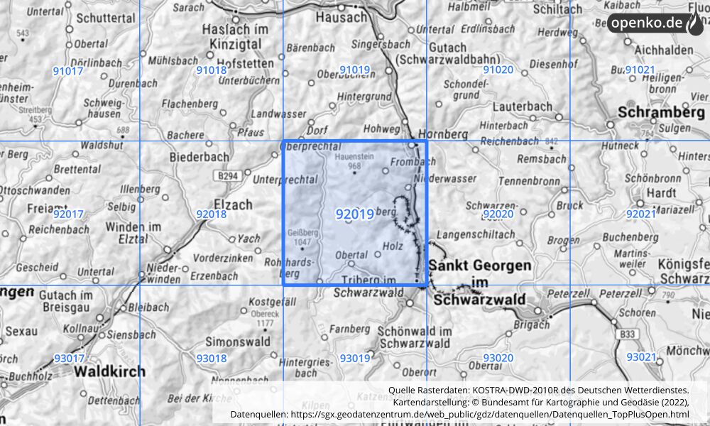 Übersichtskarte KOSTRA-DWD-2010R Rasterfeld Nr. 92019 mit angrenzenden Feldern