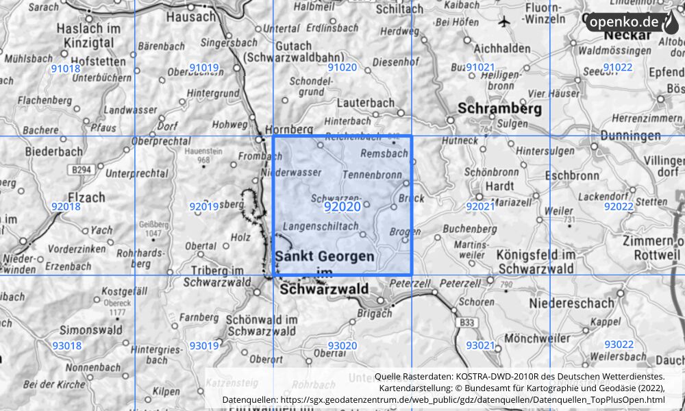 Übersichtskarte KOSTRA-DWD-2010R Rasterfeld Nr. 92020 mit angrenzenden Feldern