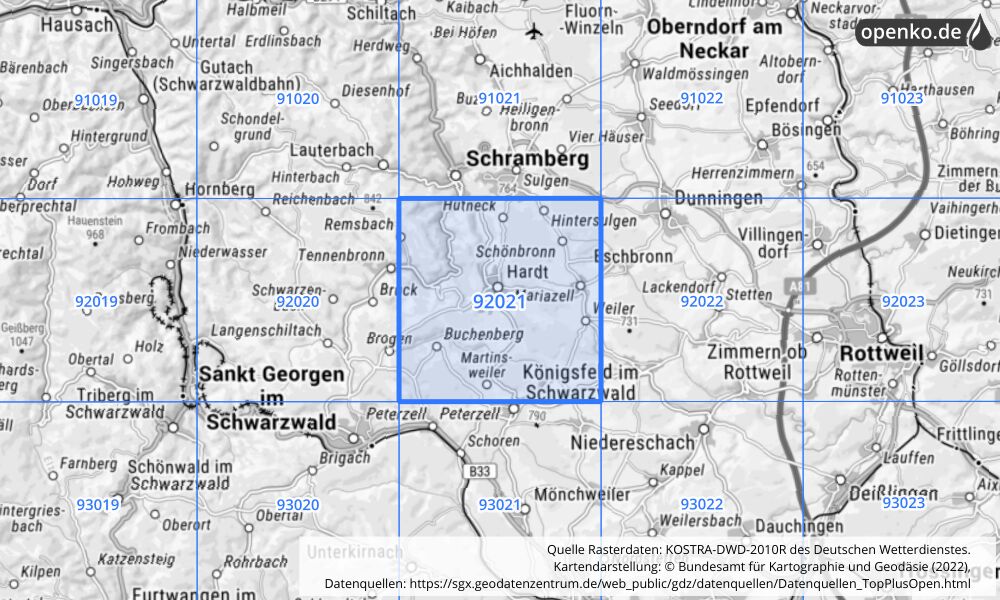 Übersichtskarte KOSTRA-DWD-2010R Rasterfeld Nr. 92021 mit angrenzenden Feldern