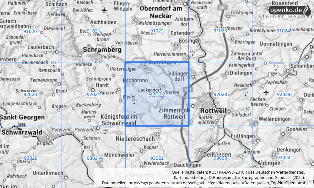 Übersichtskarte KOSTRA-DWD-2010R Rasterfeld Nr. 92022 mit angrenzenden Feldern