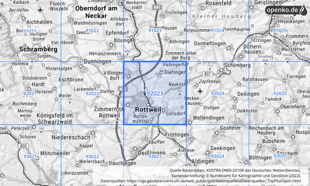 Übersichtskarte KOSTRA-DWD-2010R Rasterfeld Nr. 92023 mit angrenzenden Feldern