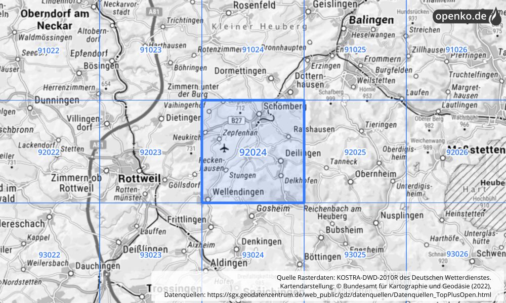 Übersichtskarte KOSTRA-DWD-2010R Rasterfeld Nr. 92024 mit angrenzenden Feldern