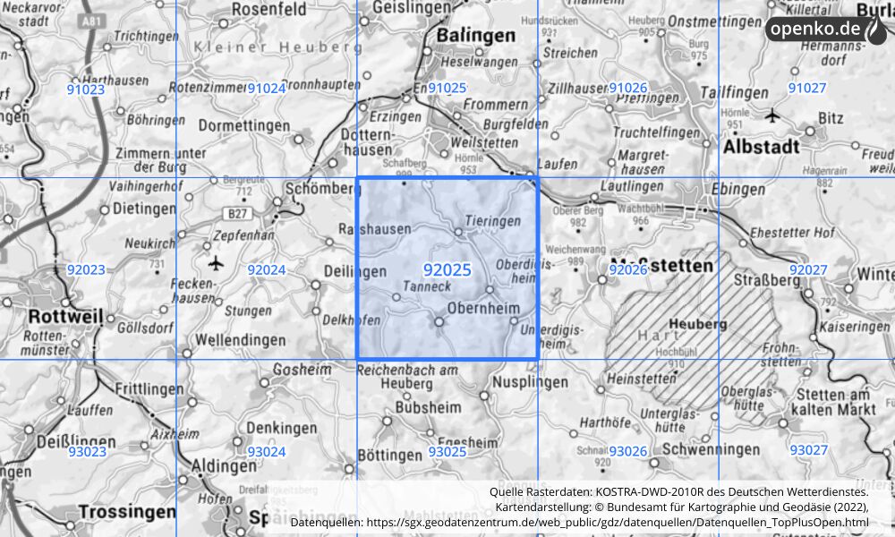 Übersichtskarte KOSTRA-DWD-2010R Rasterfeld Nr. 92025 mit angrenzenden Feldern