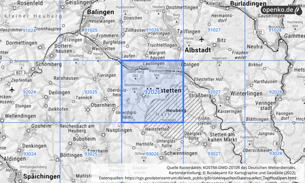 Übersichtskarte KOSTRA-DWD-2010R Rasterfeld Nr. 92026 mit angrenzenden Feldern