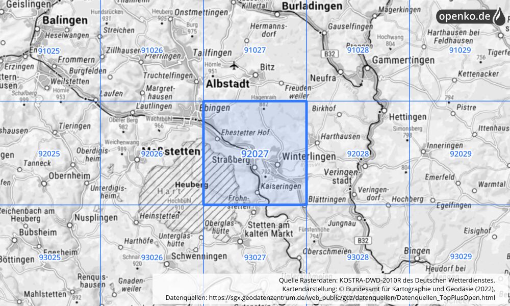 Übersichtskarte KOSTRA-DWD-2010R Rasterfeld Nr. 92027 mit angrenzenden Feldern