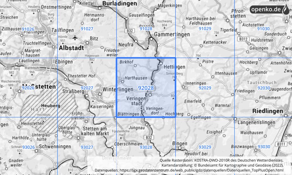 Übersichtskarte KOSTRA-DWD-2010R Rasterfeld Nr. 92028 mit angrenzenden Feldern