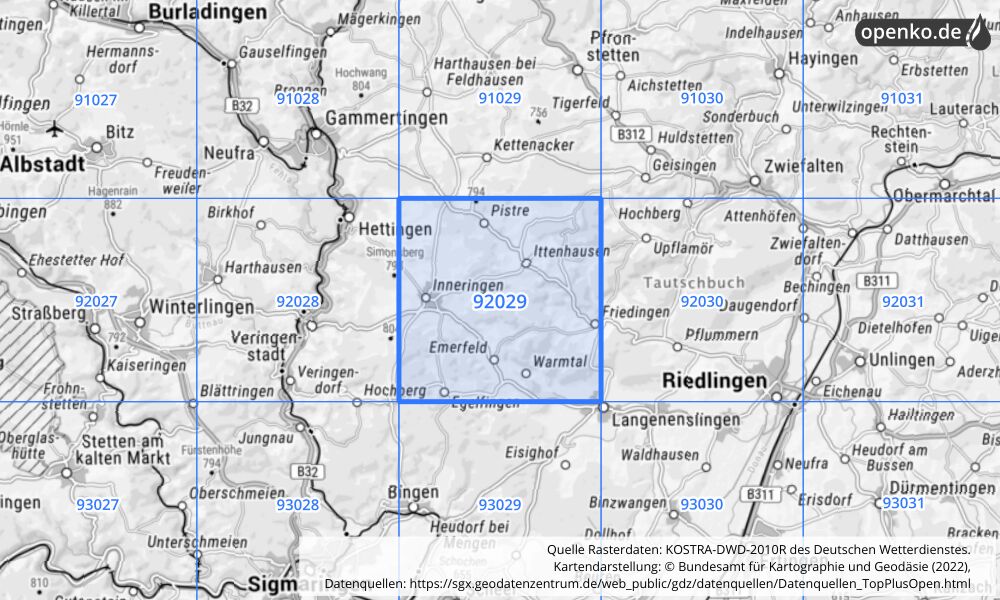 Übersichtskarte KOSTRA-DWD-2010R Rasterfeld Nr. 92029 mit angrenzenden Feldern