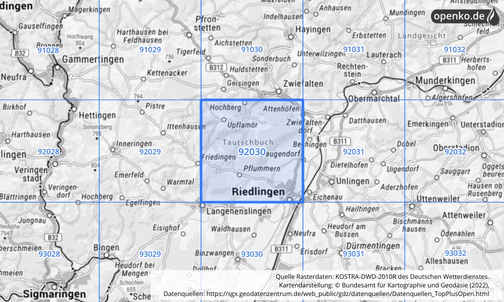 Übersichtskarte KOSTRA-DWD-2010R Rasterfeld Nr. 92030 mit angrenzenden Feldern