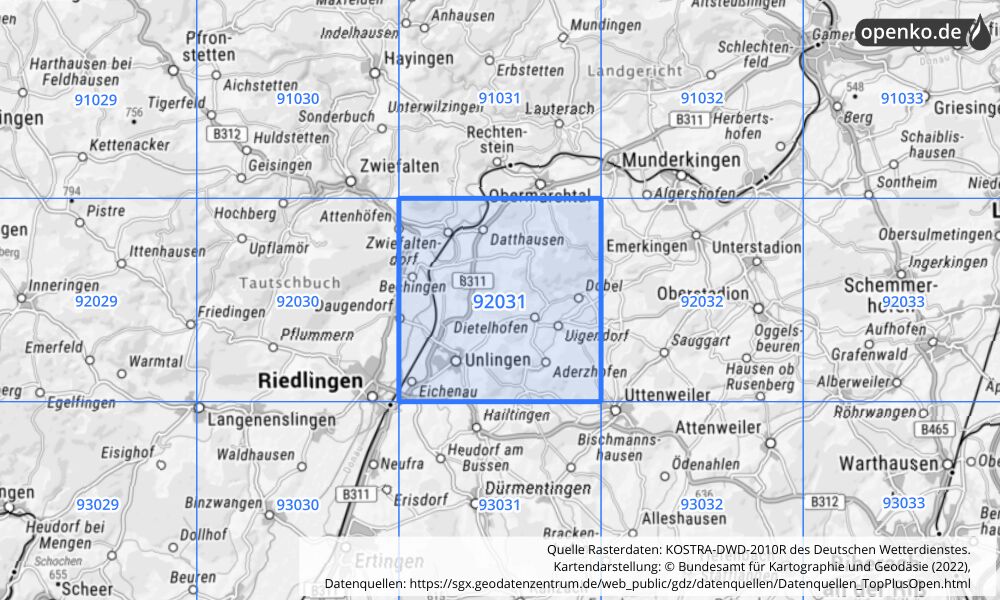 Übersichtskarte KOSTRA-DWD-2010R Rasterfeld Nr. 92031 mit angrenzenden Feldern