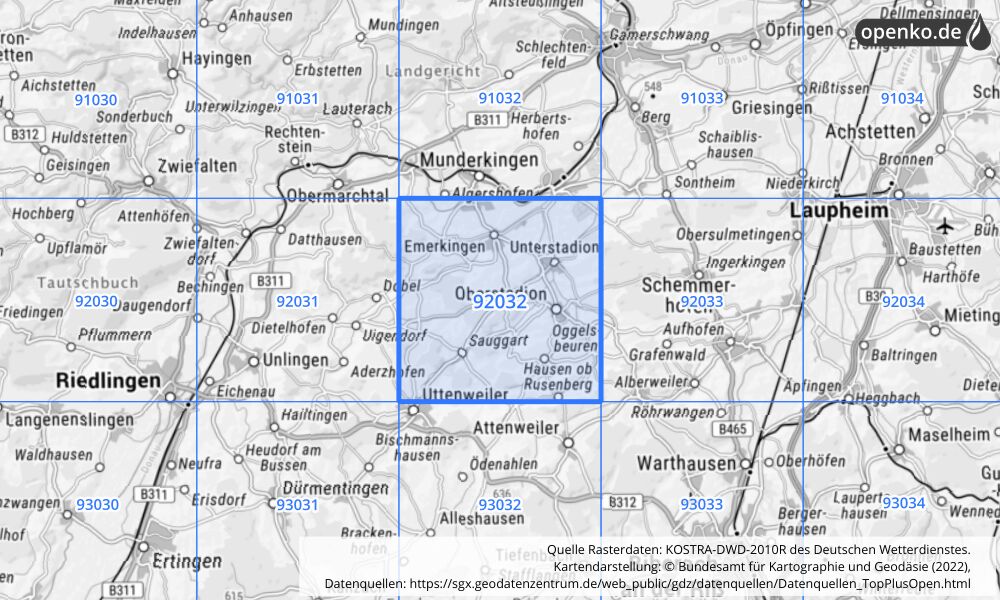 Übersichtskarte KOSTRA-DWD-2010R Rasterfeld Nr. 92032 mit angrenzenden Feldern