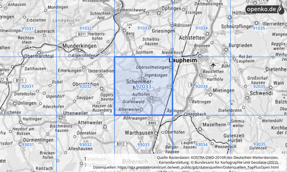 Übersichtskarte KOSTRA-DWD-2010R Rasterfeld Nr. 92033 mit angrenzenden Feldern