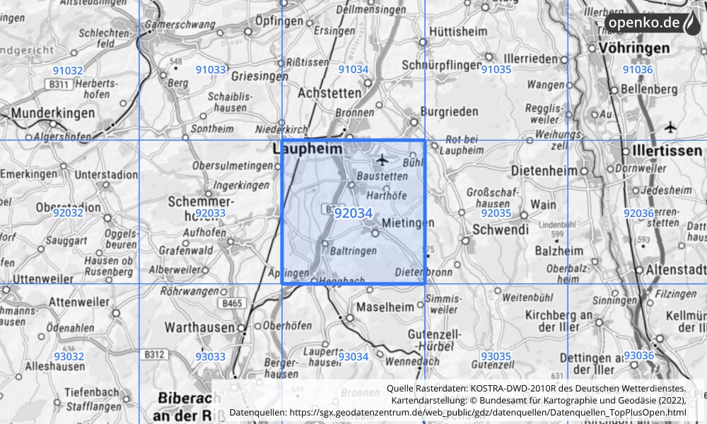 Übersichtskarte KOSTRA-DWD-2010R Rasterfeld Nr. 92034 mit angrenzenden Feldern