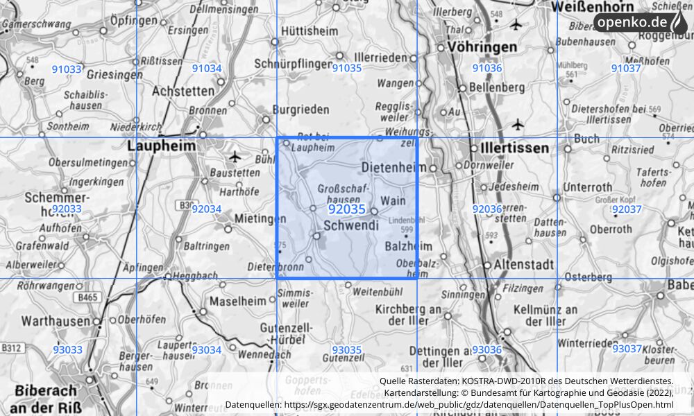 Übersichtskarte KOSTRA-DWD-2010R Rasterfeld Nr. 92035 mit angrenzenden Feldern