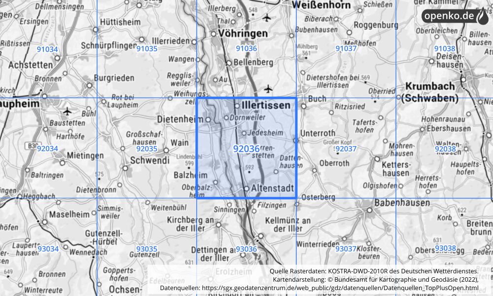 Übersichtskarte KOSTRA-DWD-2010R Rasterfeld Nr. 92036 mit angrenzenden Feldern