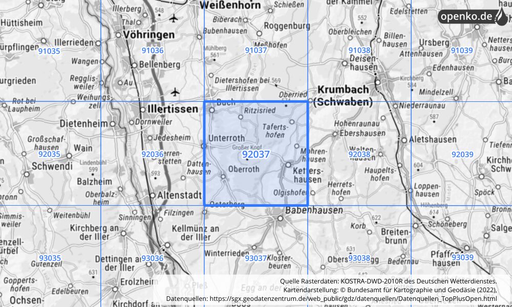 Übersichtskarte KOSTRA-DWD-2010R Rasterfeld Nr. 92037 mit angrenzenden Feldern