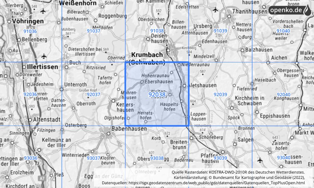 Übersichtskarte KOSTRA-DWD-2010R Rasterfeld Nr. 92038 mit angrenzenden Feldern