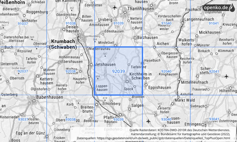 Übersichtskarte KOSTRA-DWD-2010R Rasterfeld Nr. 92039 mit angrenzenden Feldern