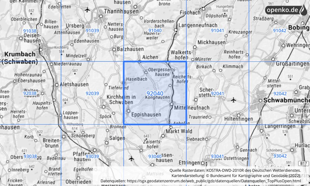Übersichtskarte KOSTRA-DWD-2010R Rasterfeld Nr. 92040 mit angrenzenden Feldern