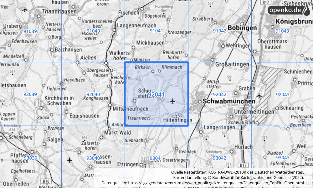 Übersichtskarte KOSTRA-DWD-2010R Rasterfeld Nr. 92041 mit angrenzenden Feldern