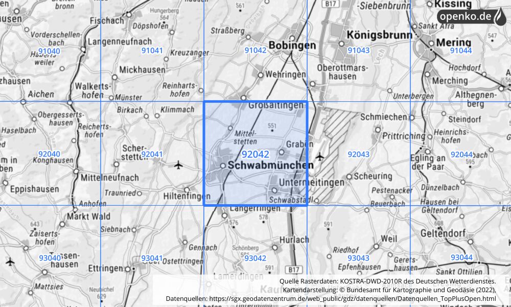 Übersichtskarte KOSTRA-DWD-2010R Rasterfeld Nr. 92042 mit angrenzenden Feldern