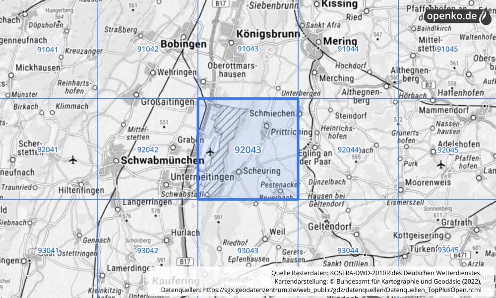 Übersichtskarte KOSTRA-DWD-2010R Rasterfeld Nr. 92043 mit angrenzenden Feldern