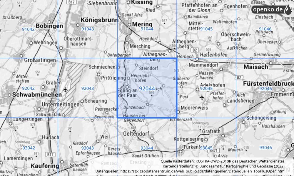 Übersichtskarte KOSTRA-DWD-2010R Rasterfeld Nr. 92044 mit angrenzenden Feldern