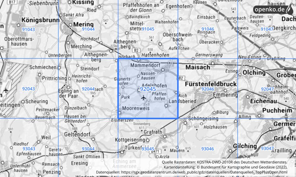 Übersichtskarte KOSTRA-DWD-2010R Rasterfeld Nr. 92045 mit angrenzenden Feldern