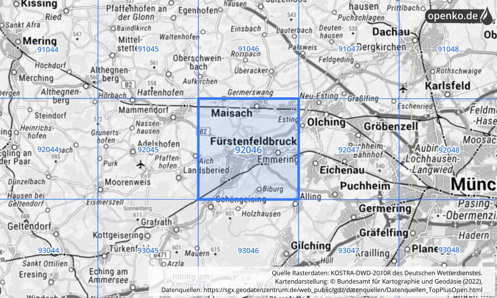 Übersichtskarte KOSTRA-DWD-2010R Rasterfeld Nr. 92046 mit angrenzenden Feldern