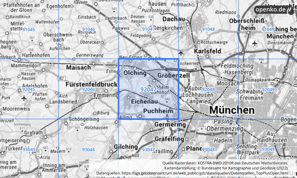 Übersichtskarte KOSTRA-DWD-2010R Rasterfeld Nr. 92047 mit angrenzenden Feldern