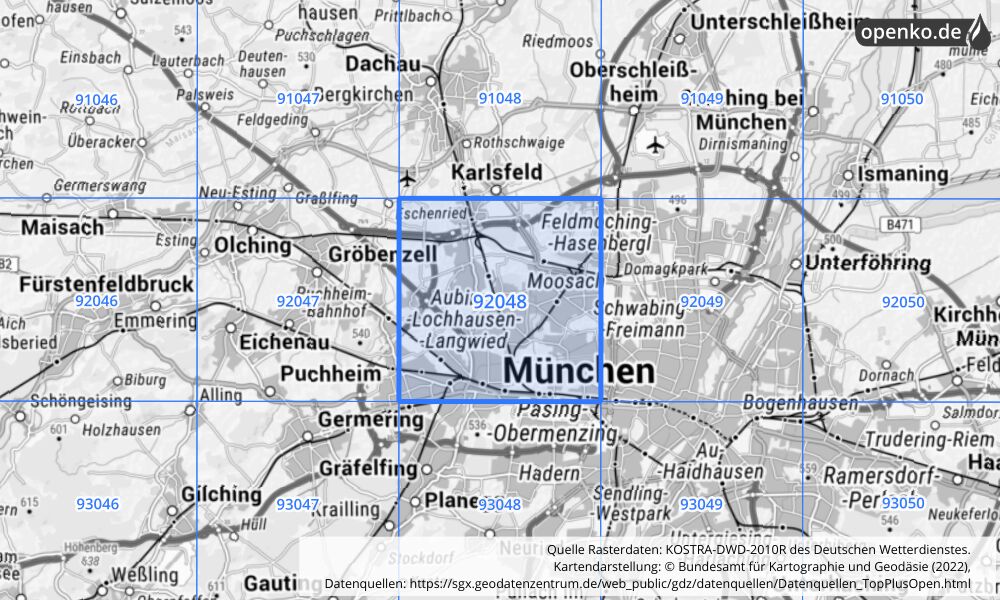 Übersichtskarte KOSTRA-DWD-2010R Rasterfeld Nr. 92048 mit angrenzenden Feldern