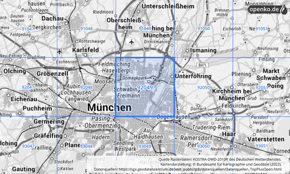 Übersichtskarte KOSTRA-DWD-2010R Rasterfeld Nr. 92049 mit angrenzenden Feldern