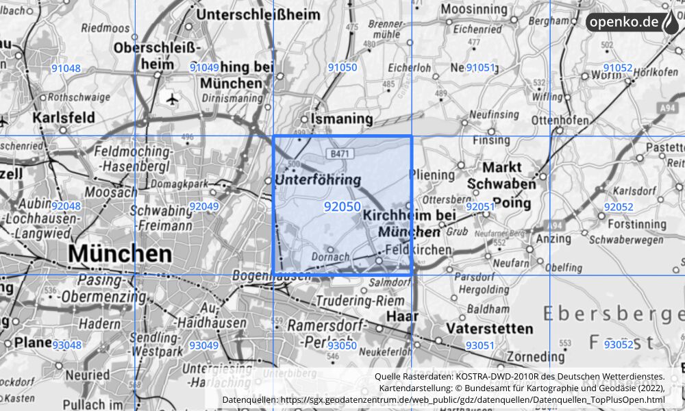 Übersichtskarte KOSTRA-DWD-2010R Rasterfeld Nr. 92050 mit angrenzenden Feldern