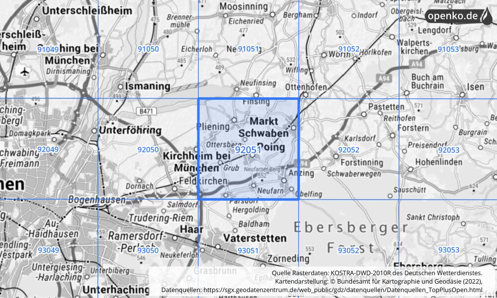 Übersichtskarte KOSTRA-DWD-2010R Rasterfeld Nr. 92051 mit angrenzenden Feldern