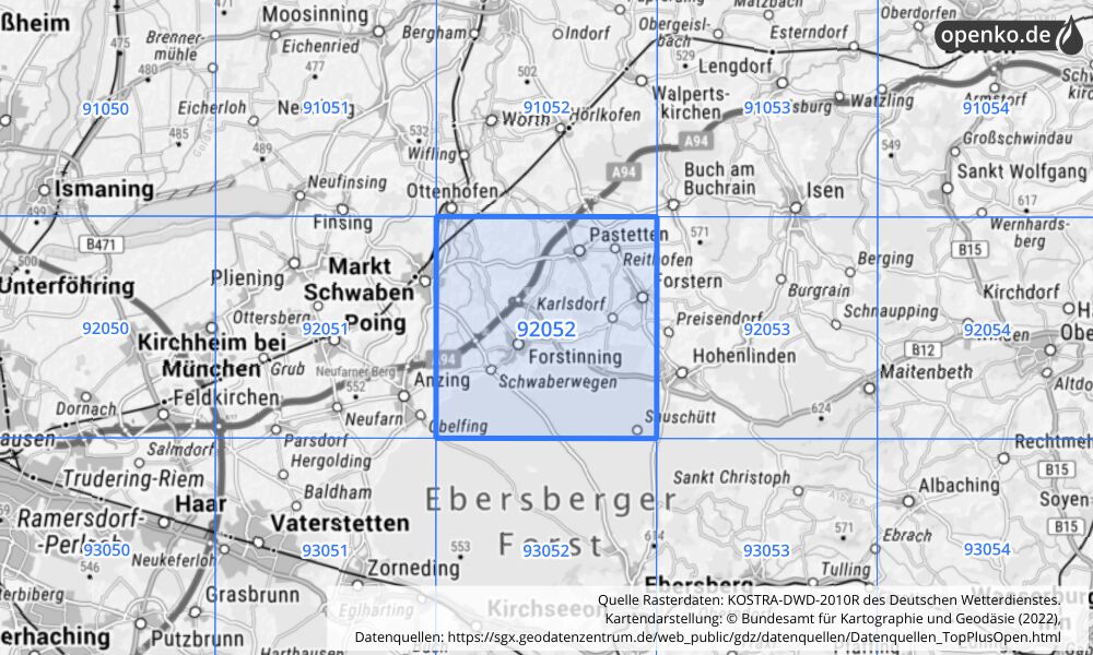 Übersichtskarte KOSTRA-DWD-2010R Rasterfeld Nr. 92052 mit angrenzenden Feldern