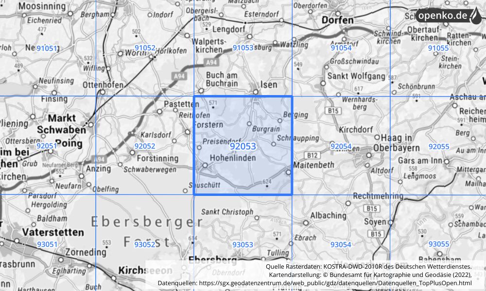 Übersichtskarte KOSTRA-DWD-2010R Rasterfeld Nr. 92053 mit angrenzenden Feldern