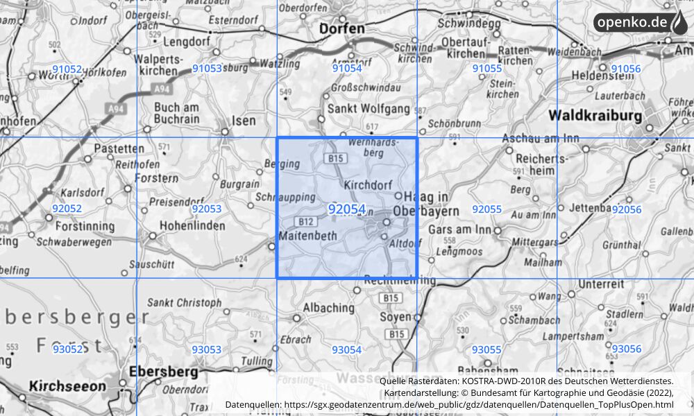 Übersichtskarte KOSTRA-DWD-2010R Rasterfeld Nr. 92054 mit angrenzenden Feldern