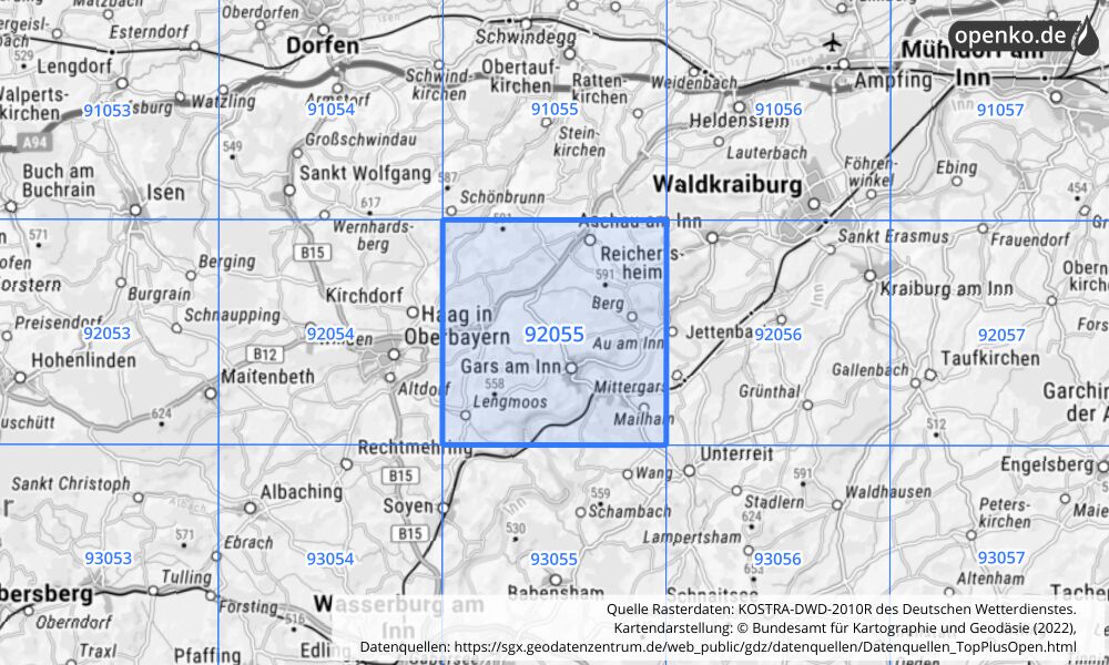 Übersichtskarte KOSTRA-DWD-2010R Rasterfeld Nr. 92055 mit angrenzenden Feldern