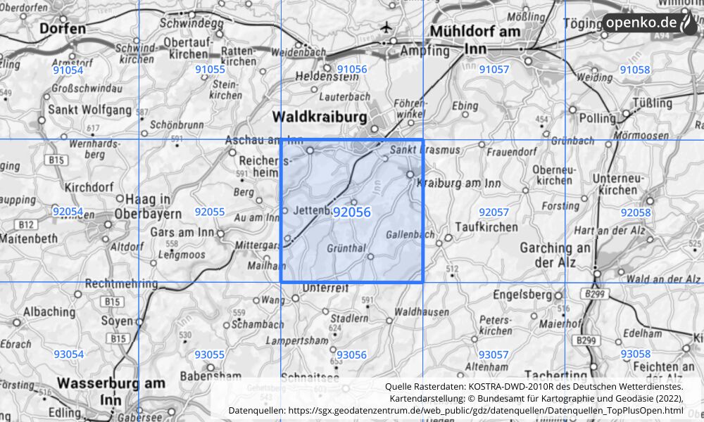 Übersichtskarte KOSTRA-DWD-2010R Rasterfeld Nr. 92056 mit angrenzenden Feldern