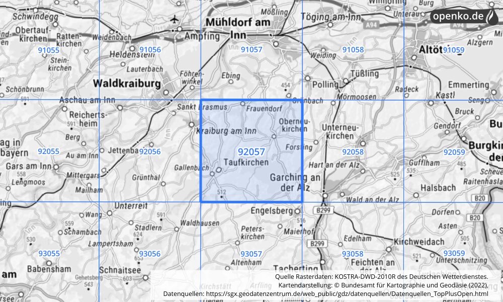 Übersichtskarte KOSTRA-DWD-2010R Rasterfeld Nr. 92057 mit angrenzenden Feldern