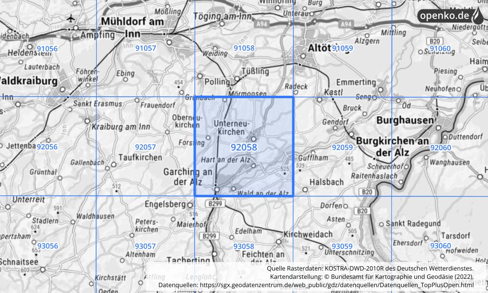 Übersichtskarte KOSTRA-DWD-2010R Rasterfeld Nr. 92058 mit angrenzenden Feldern