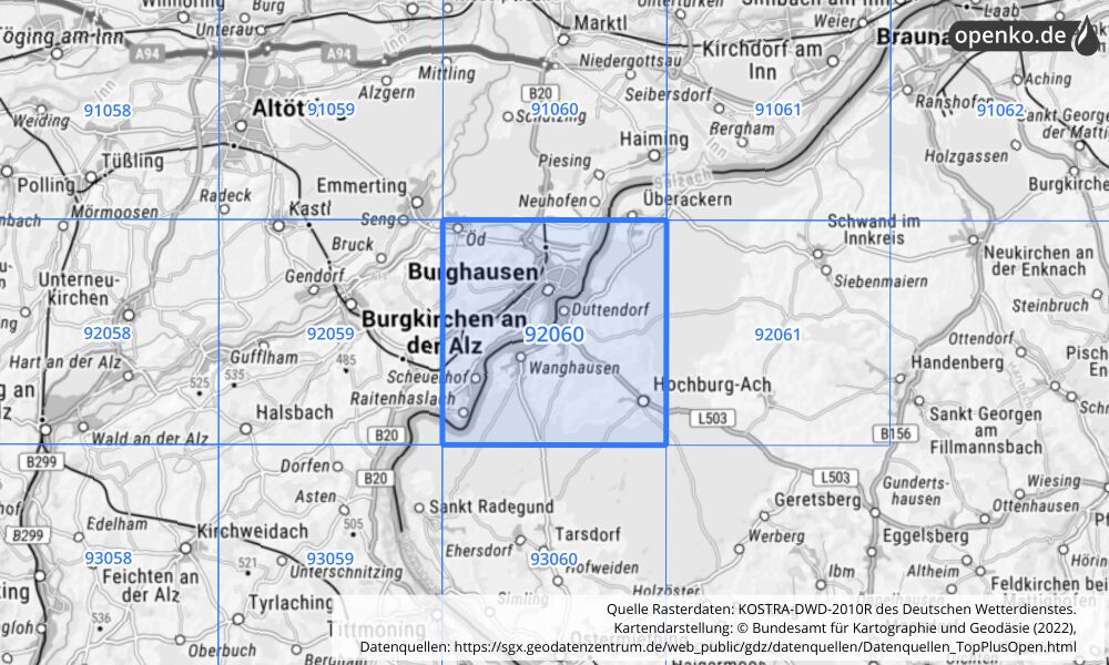 Übersichtskarte KOSTRA-DWD-2010R Rasterfeld Nr. 92060 mit angrenzenden Feldern