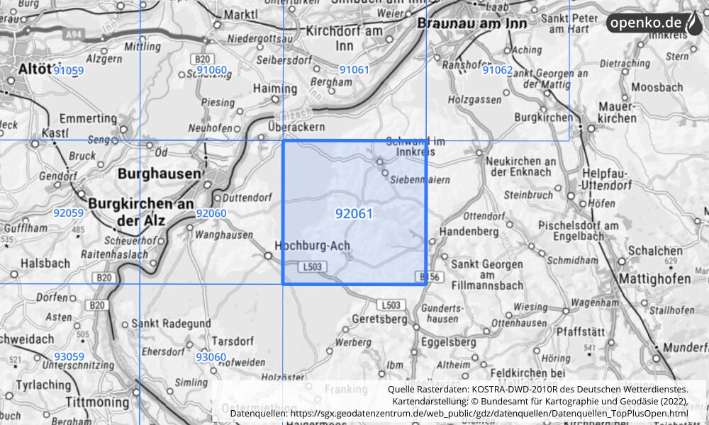 Übersichtskarte KOSTRA-DWD-2010R Rasterfeld Nr. 92061 mit angrenzenden Feldern