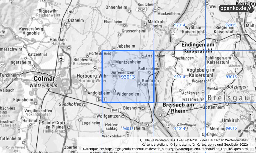 Übersichtskarte KOSTRA-DWD-2010R Rasterfeld Nr. 93013 mit angrenzenden Feldern