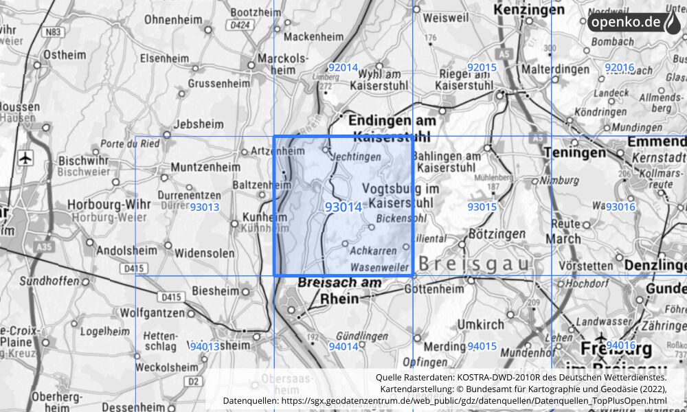 Übersichtskarte KOSTRA-DWD-2010R Rasterfeld Nr. 93014 mit angrenzenden Feldern