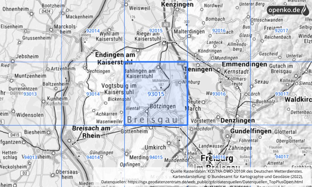 Übersichtskarte KOSTRA-DWD-2010R Rasterfeld Nr. 93015 mit angrenzenden Feldern