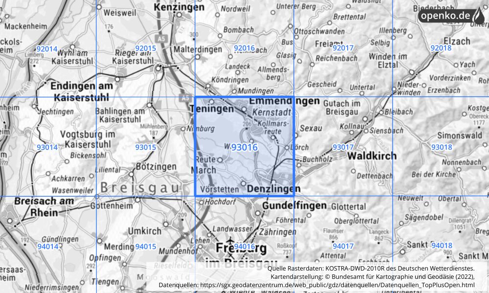 Übersichtskarte KOSTRA-DWD-2010R Rasterfeld Nr. 93016 mit angrenzenden Feldern