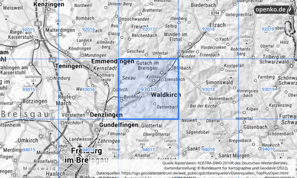 Übersichtskarte KOSTRA-DWD-2010R Rasterfeld Nr. 93017 mit angrenzenden Feldern