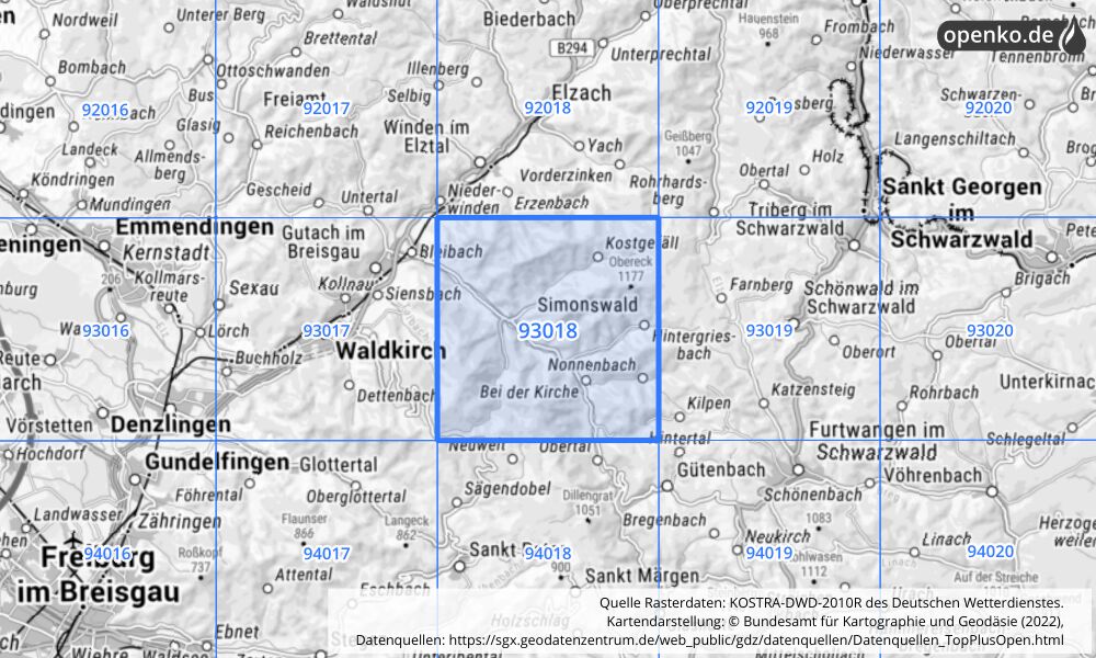 Übersichtskarte KOSTRA-DWD-2010R Rasterfeld Nr. 93018 mit angrenzenden Feldern